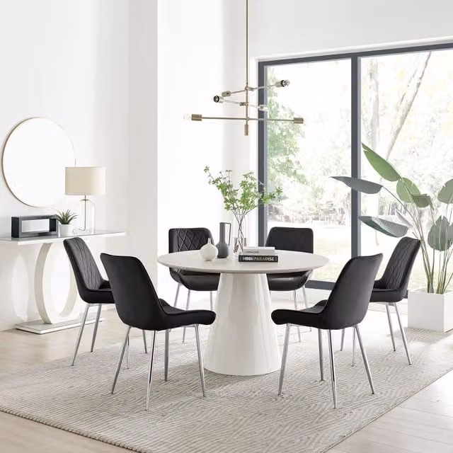 FurnitureboxUK Palma Beige Stone Effect Round Dining Table and 6 Pesaro Silver Chairs in Black