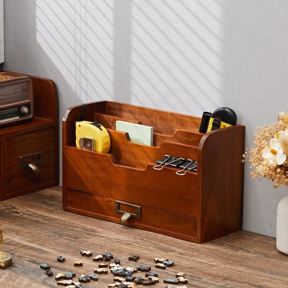 NESTLUNE Rustic Wooden Desktop Magazine Holder and File Organiser in Brown – 4