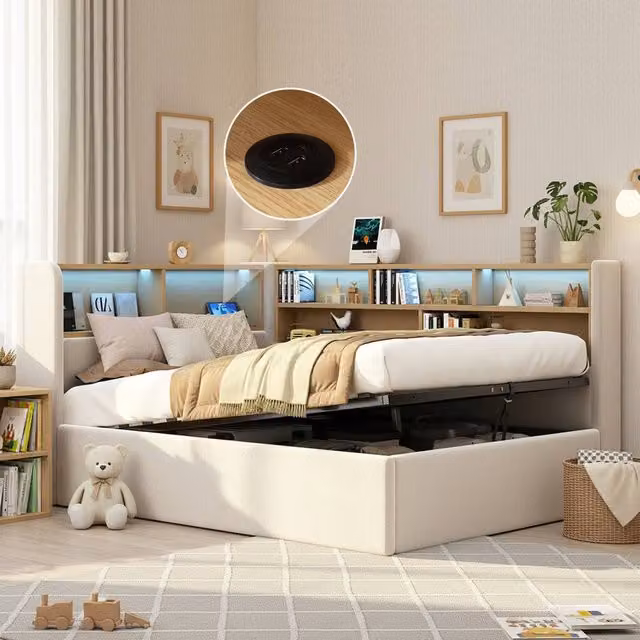 BTM L-Shaped Velvet Daybed with Storage, LED Lighting and USB Charging Port, Beige, W/D/H: 190 x 90 x 150 cm – 1