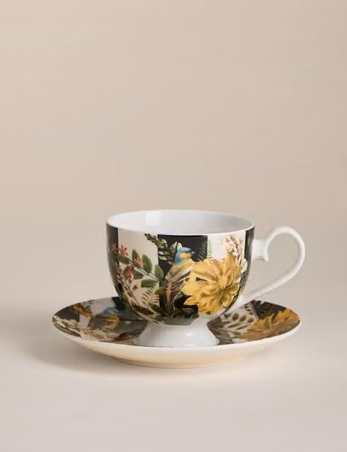 M&S Porcelain Striped Floral Tea Cup and Saucer Set in Multicolour