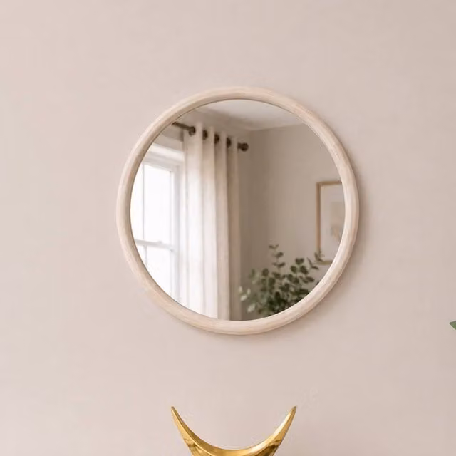 Melody Maison Round Rustic White Washed Wooden Wall Mirror, W/D/H: 50 x 50 x 50 cm