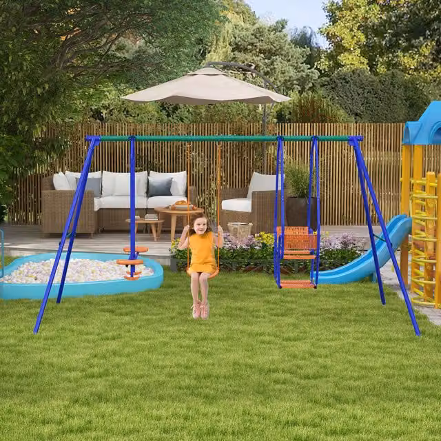 Outsunny 3-in-1 Metal Garden Swing Set and Glider Chair in Orange and Blue