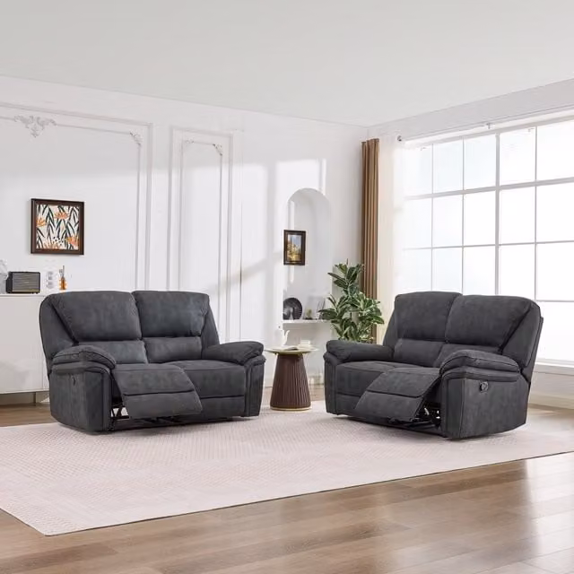 Furniture One Manual Reclining Leathaire Sofa Suite in Grey, Width: 162 cm