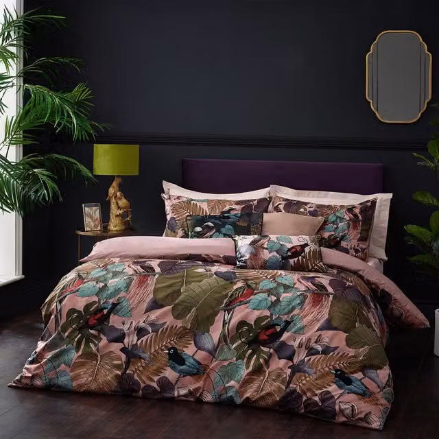 Moriyo Tropical Floral Velvet Reversible Duvet Cover Set in Dusky Blush Pink and Purple, 90 x 190 cm