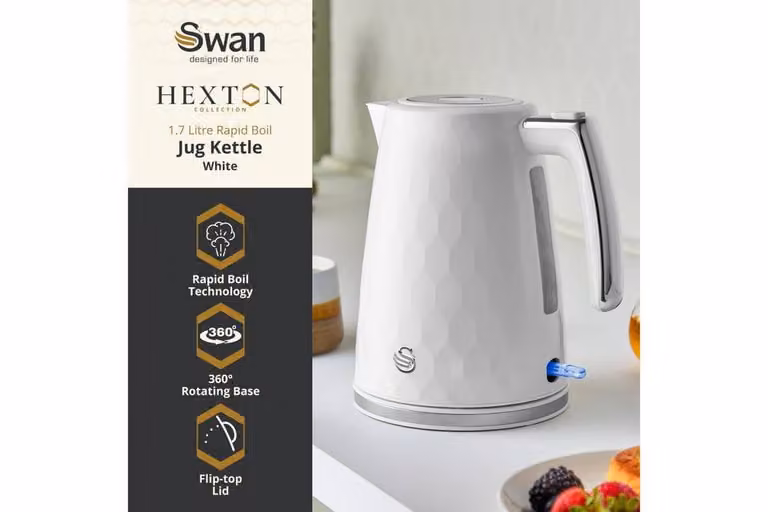 Swan Hexton Breakfast Essentials Bundle: 1.7L Rapid Boil Kettle and 2 Slice Toaster in White with Chrome Accents