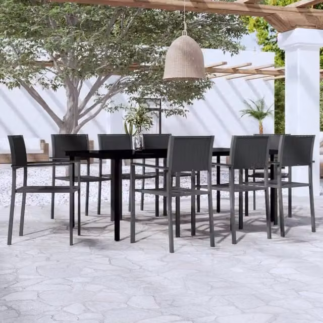 Berkfield Home 9 Piece Black Matt Powder Coated Steel and Glass Rectangular Garden Dining Set – 1