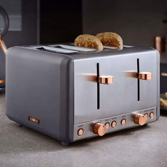 Tower Cavaletto 4 Slice Toaster in Black, Gold and Grey with Stainless Steel Finish