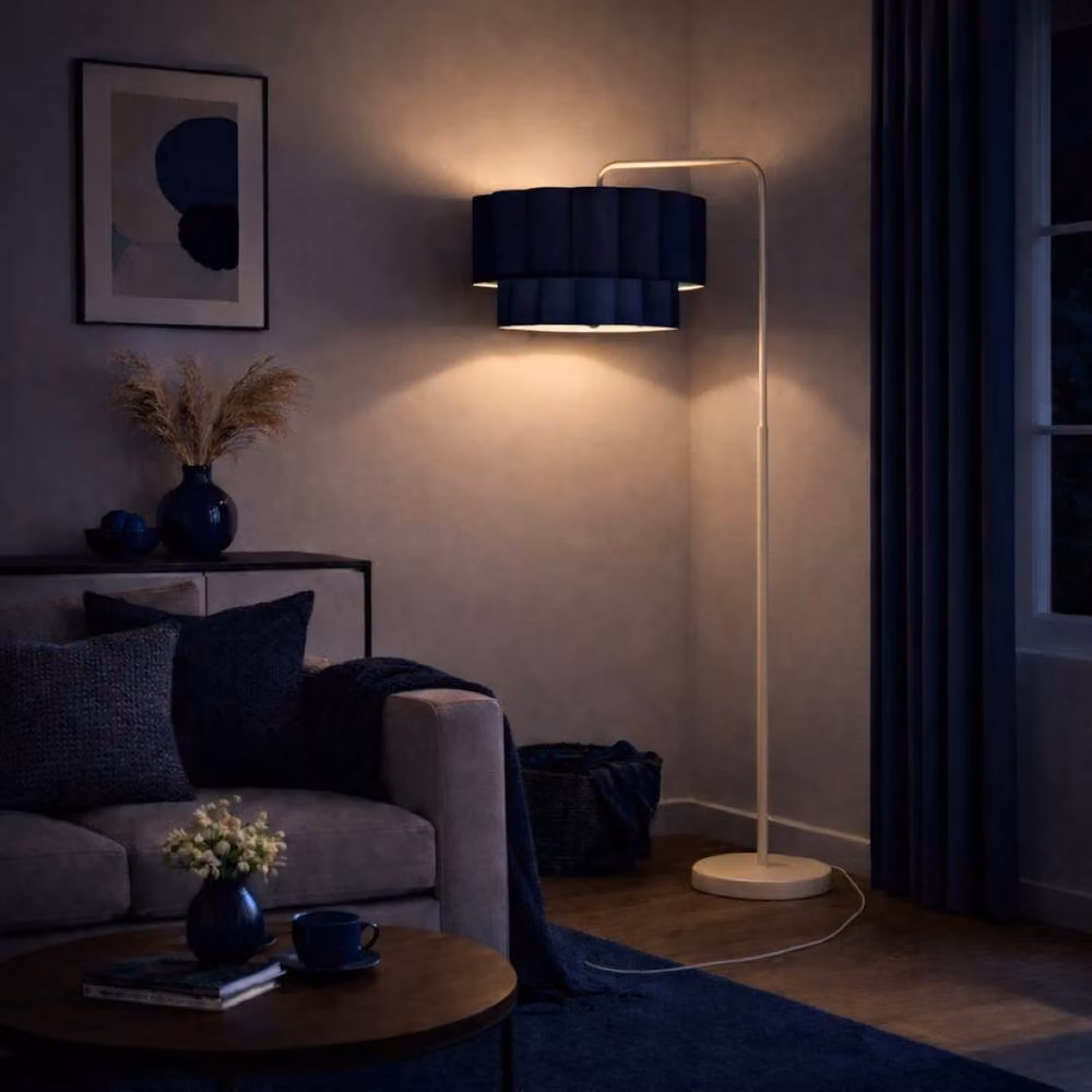 CGC Lighting Kyra Cream Angled Floor Lamp with Two Layer Scalloped Navy Blue Fabric Lampshade – 2