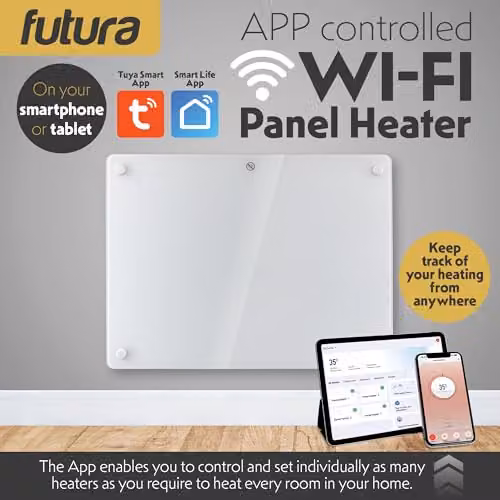 Futura 1000W WiFi Glass Panel Convector Heater, White, Wall Mounted or Freestanding – 2
