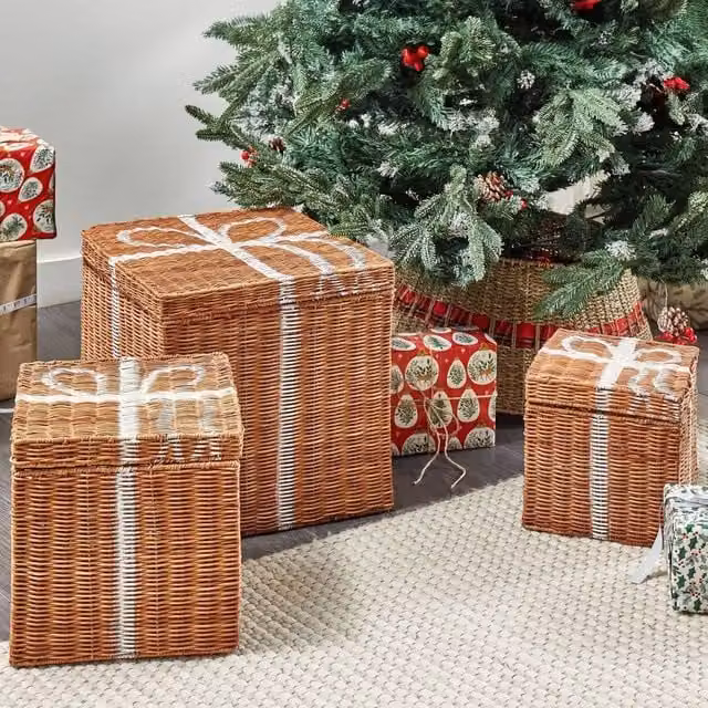 Wyld and Coco Set of 3 Brown Square Rattan Storage Gift Boxes with Open Weave Design