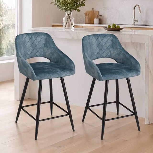 STILVORA Set of 2 Modern Blue Velvet Bar Stools with Metal Frame – 1
