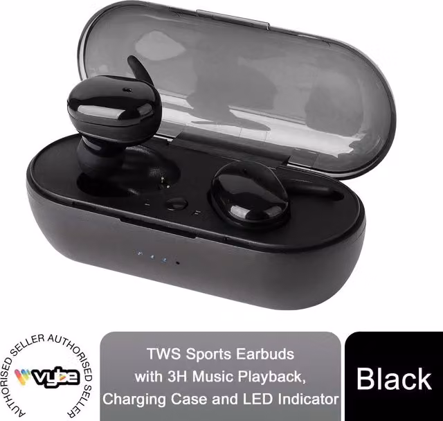 Vybe True Wireless Bluetooth TWS Earbuds with Charging Case and LED Indicator, Black