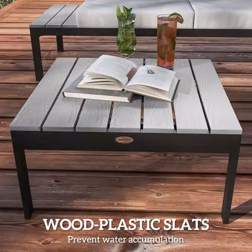 Outsunny 4 Piece L Shaped Garden Furniture Set with Upholstered Cushions and Coffee Table, Grey – 6