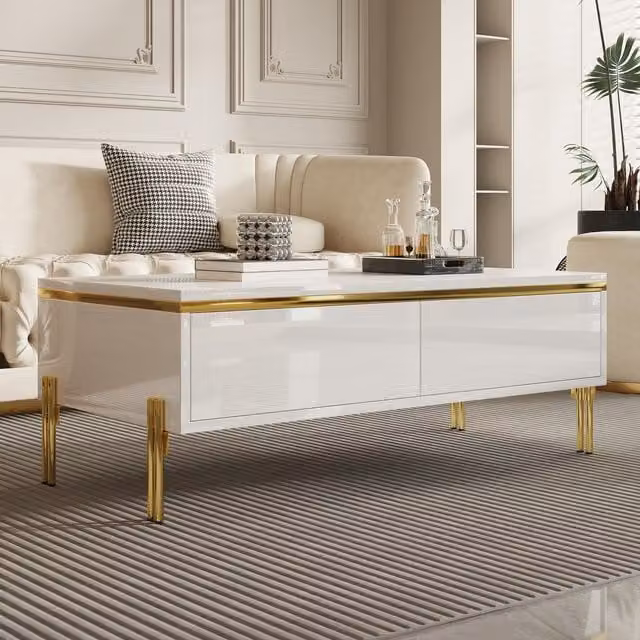 Aosom UK White and Gold Rectangular Coffee Table with 2 Hidden Drawers, W: 100 cm, D: 50 cm, H: 36 cm – 1