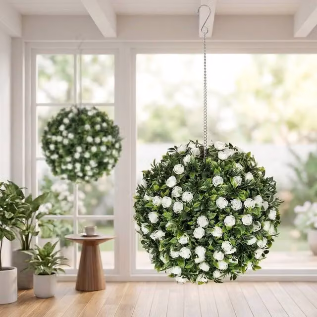 STILVORA Set of 2 White Artificial Rose Ball Hanging Plants, Diameter: 28 cm