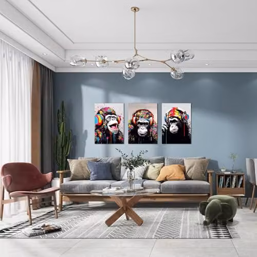 Simpa Headphone Apes 3 Panel Canvas Wall Art, Multicolour Modern Animal Illustration – 2