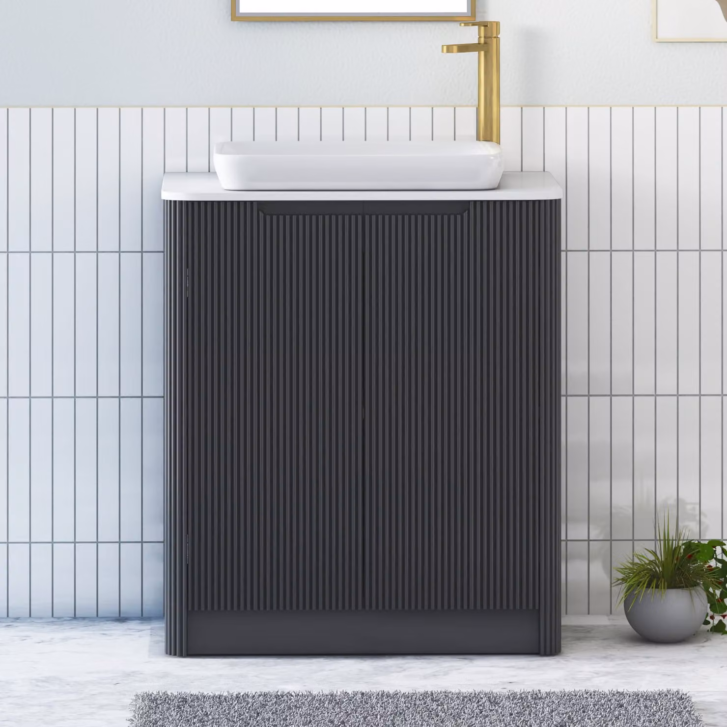 Royal Bathrooms Avenza 800mm Floor Standing 2 Door Vanity Unit in Matt Obsidian Black with Plain White Worktop and Qubix Basin