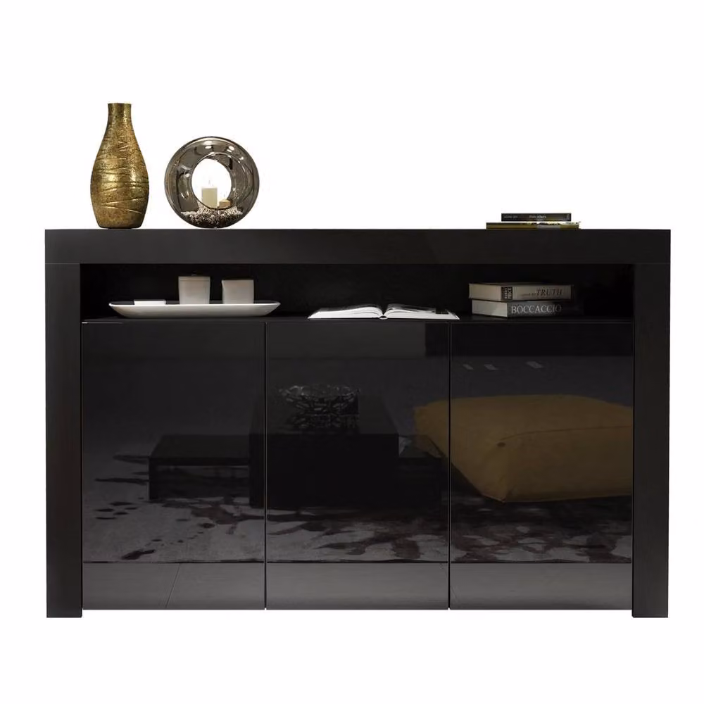 PAWNORA Modern Glossy Black Sideboard Cabinet and TV Unit with Media Compartments – 3