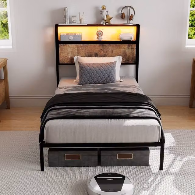 Matteo Single Metal Bed Frame with RGB LED Lights and Storage Headboard, Black, W/D/H: 90 x 190 x 111.3 cm