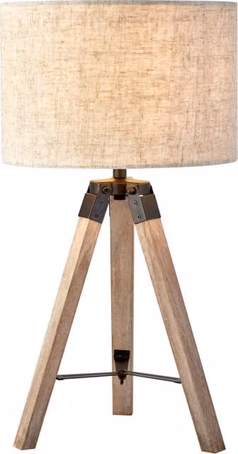 Lighting Collection Tripod Table Lamp with Grey and Beige Fabric Shade and Wood Base
