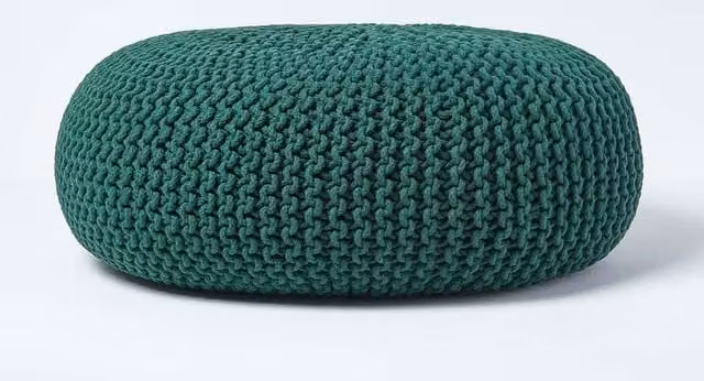Homescapes Large Round Cotton Knitted Pouffe Footstool in Green