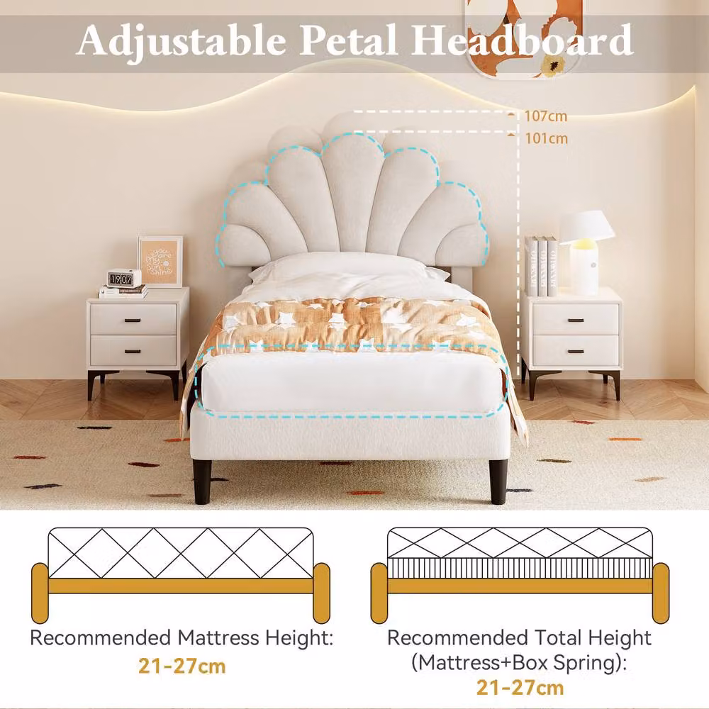 Rolipo Beige Velvet Upholstered Single Bed Frame with Adjustable Petal Headboard W/D/H: 140 x 200 cm