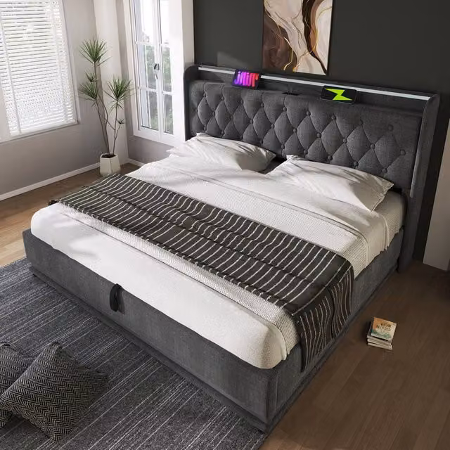 Merax Grey Upholstered King Size Bed Frame with Hydraulic Storage, LED Under-Bed Lighting, USB Charging Port and Bedside Shelf, W/D/H: 180 x 200 x 104 cm – 1