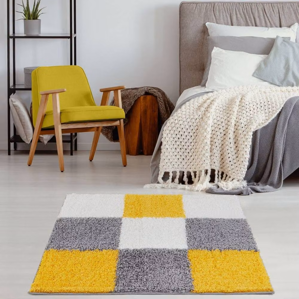 THE RUGS Modern Checked High Pile Shaggy Area Rug, Yellow and Grey, W/D/H: 180 x 270 x 3 cm – 8