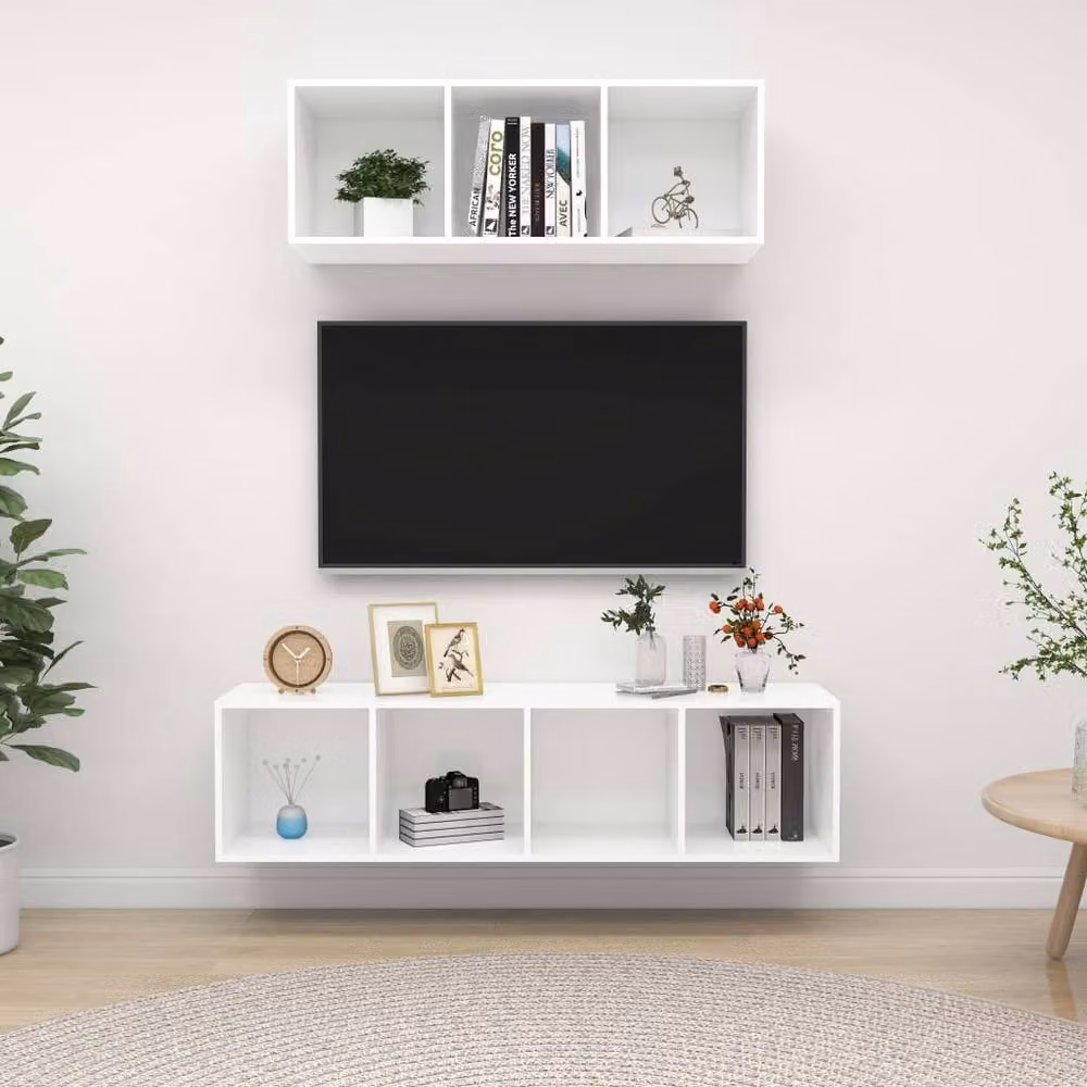 Berkfield Home Practical 2 Piece White Wall Mounted TV Cabinet Set in Engineered Wood – 2