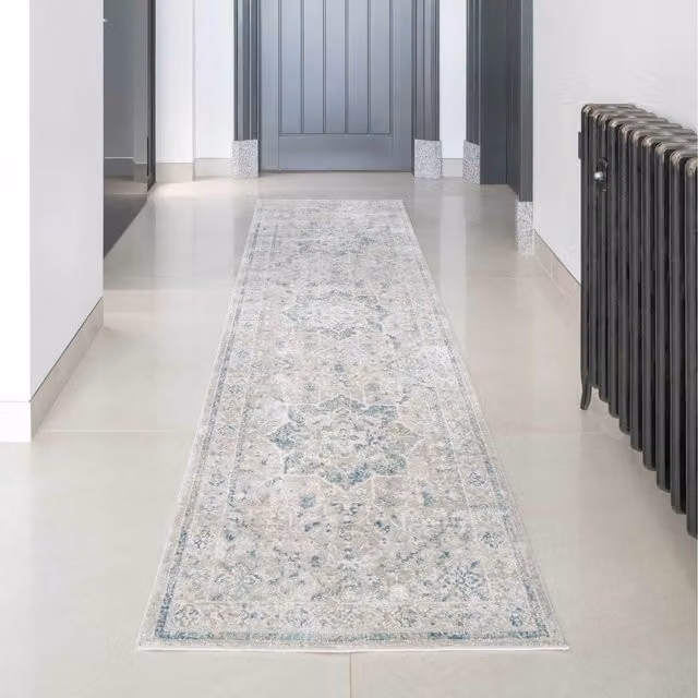 The Rug House Grey Blue Floral Medallion Vintage Rectangular Living Area Rug, W: 240 cm, D: 70 cm