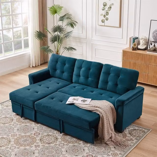 Furniture One 3 Seater Reversible L-Shape Corner Storage Sofa Bed in Green Velvet