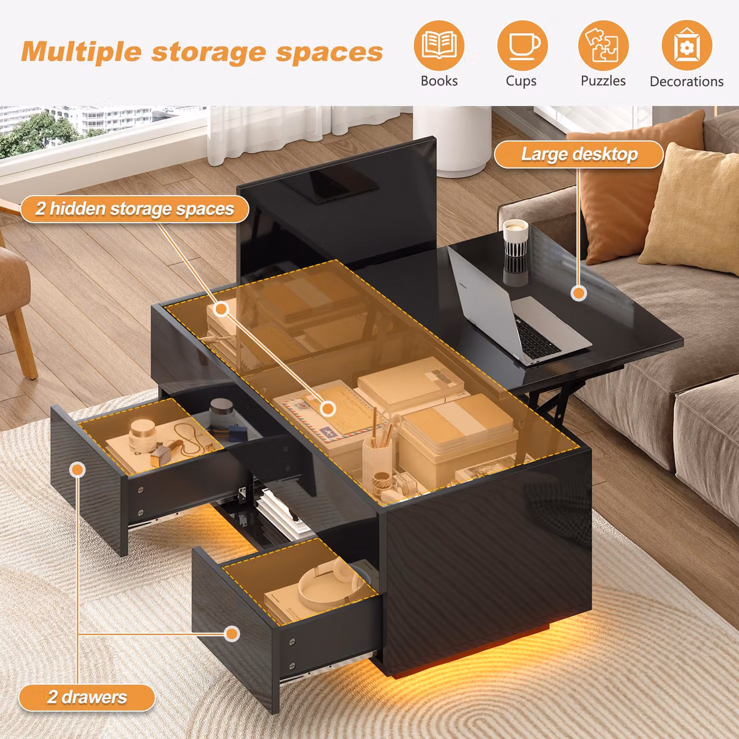 Aosom UK Black High-Gloss Lift-Top Coffee Table with App-Controlled RGB LED Lights and Hidden Compartment, W: 100 cm, D: 45 cm, H: 43 cm – 5