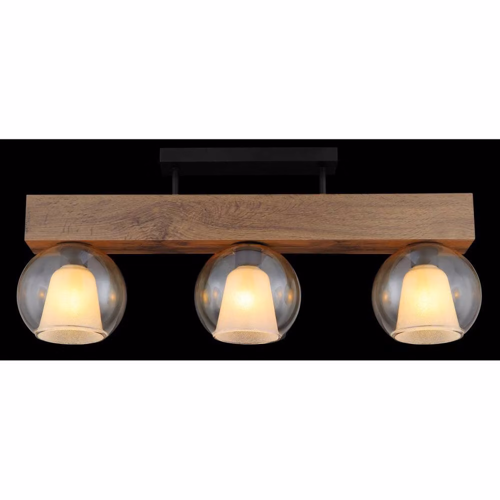 Netlighting Barry I Ceiling Spotlight Bar in Black and Wood with Amber Glass Shades for 3x E27 Bulbs – 5