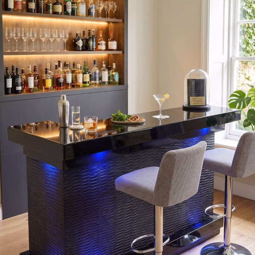 Home Luxe Aura Black Glossy Drinks Bar with LED Lights, Bluetooth Speakers and Glass Details – 5