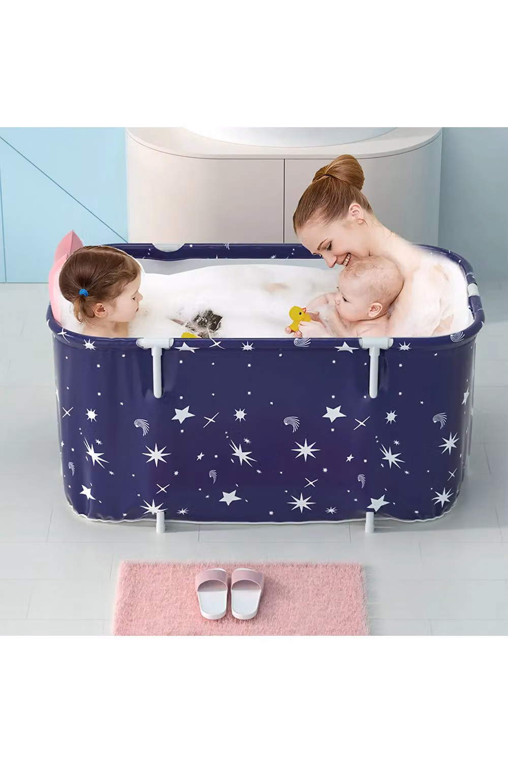 Living and Home Large Portable Folding Bathtub with Cushion, Dark Blue, W/D/H: 120 x 55 x 50 cm – 2