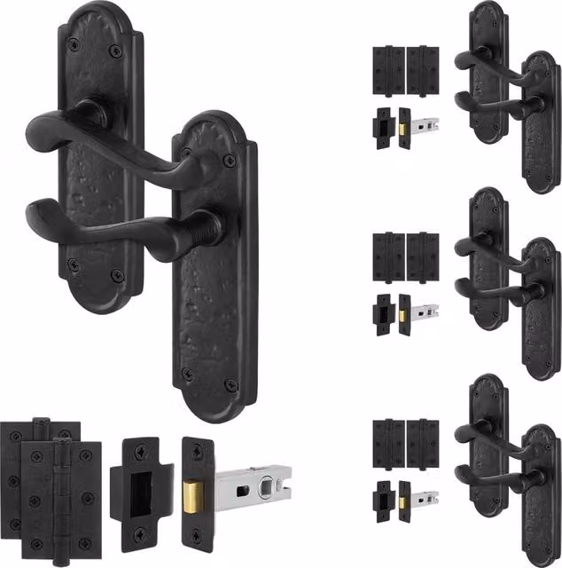 AFIT Black Antique Cast Iron Door Handle and Latch Set with 64mm Hinges, 4 Pairs, W/D/H: 15 x 15 x 1.5 cm – 1