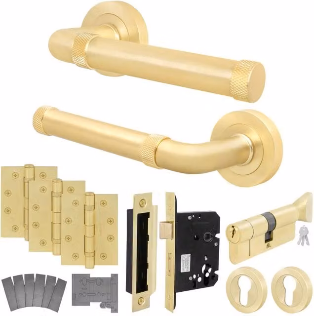 AFIT Gold Brass Fire Door Handle with Euro Lock Thumbturn Cylinder Set and Hinges, 150 x 150 mm