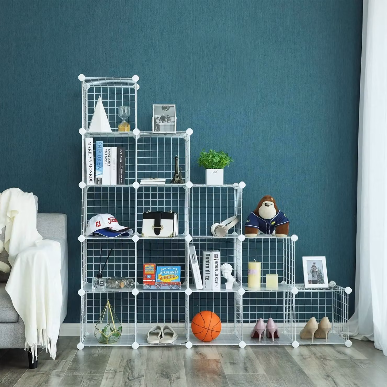 SONGMICS 16 Cube Metal Wire Modular Shelving Organiser in White – 2