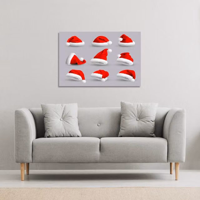 Benjamin Tate Design LTD Collection Of Red Santa Claus Hats Christmas Canvas Wall Art, Blue, W: 41 cm, H: 31 cm