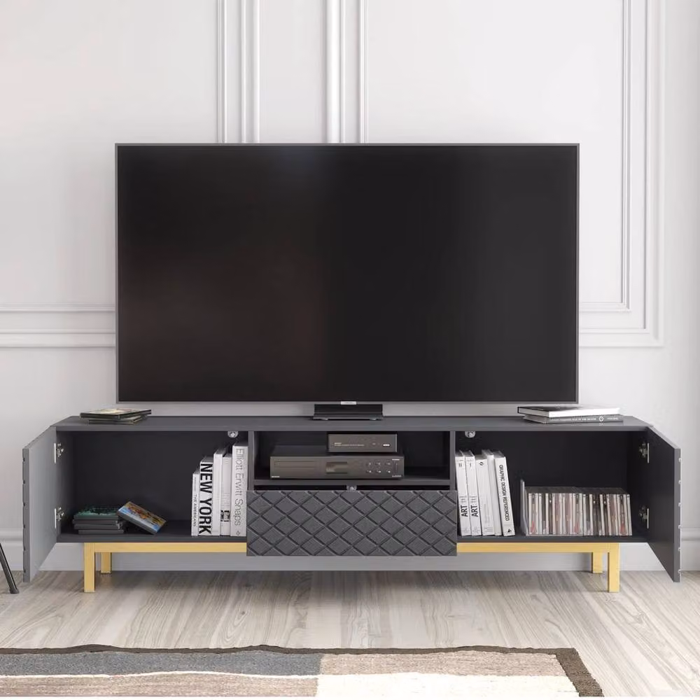 FORGEVIO Modern Grey and Gold Metal TV Stand Cabinet with Media Compartments – 3