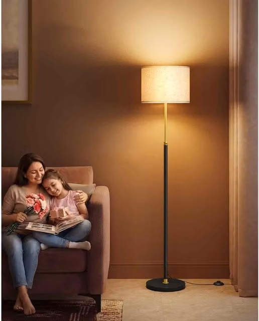 The Bazaarist Adjustable Floor Lamp with Fabric Shade in Gold and Black