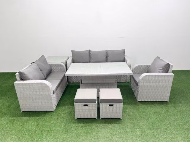 Fimous Patio 8 Seater Grey Rattan Outdoor Furniture Set with Upholstered Cushions, 3 Seater Sofa, Armchairs, Ottoman and Adjustable Coffee Table