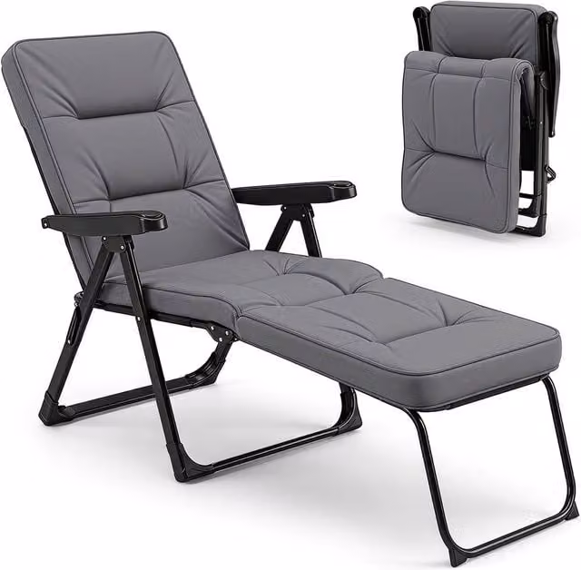 Gymax Foldable Garden Sun Lounger with Adjustable Headrest and Armrests in Grey – 1