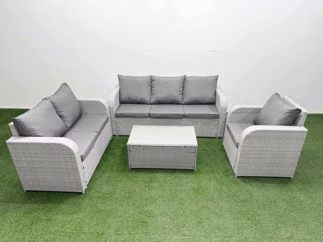 Fimous Patio 6 Seater Outdoor Rattan Furniture Set in Light Grey with Rectangular Coffee Table, Reclining Chair, Loveseat and 3 Seater Sofa