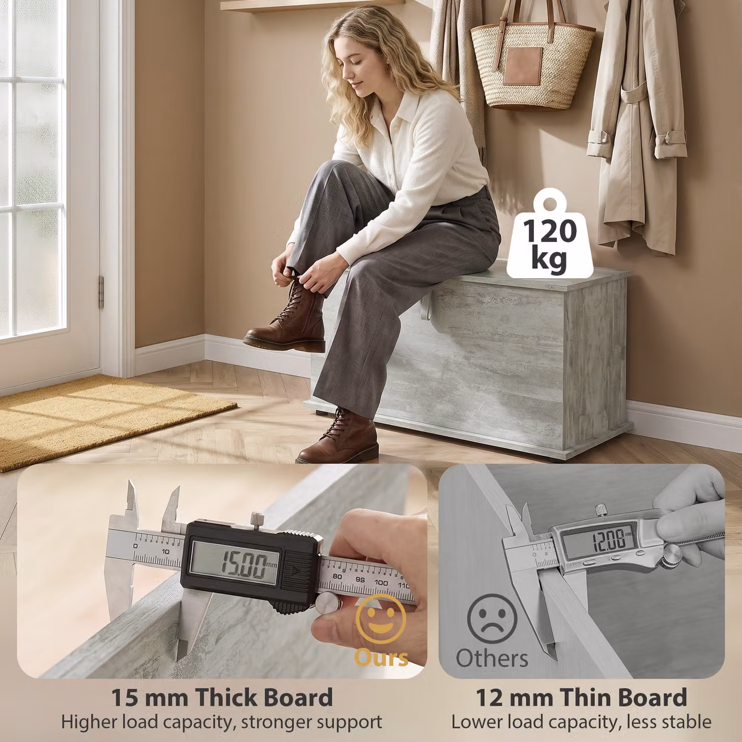 HOMCOM Grey Storage Chest and Shoe Bench with Safety Hinged Lid, W/D/H: 80 x 40 x 45 cm – 2