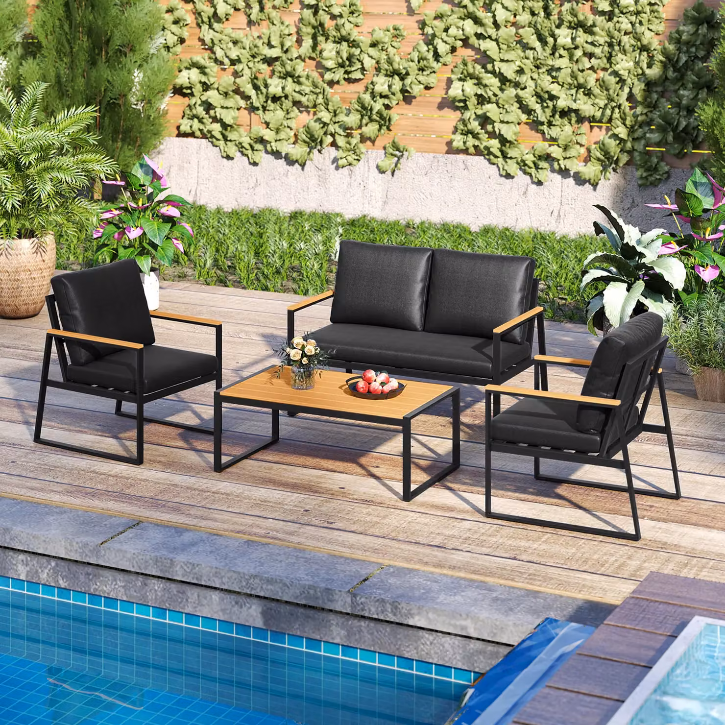 Costway 4-Piece Black Garden Furniture Set with Powder Coated Steel Frame, 2-Seater Sofa, Armchairs and Coffee Table – 6