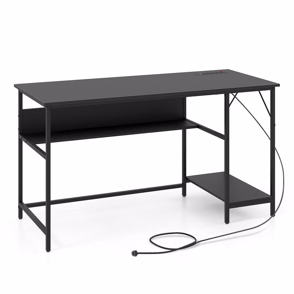 Costway Modern Computer Desk in Black with Charging Station and 4 Power Outlets, W: 140 cm, D: 60 cm, H: 76 cm – 10
