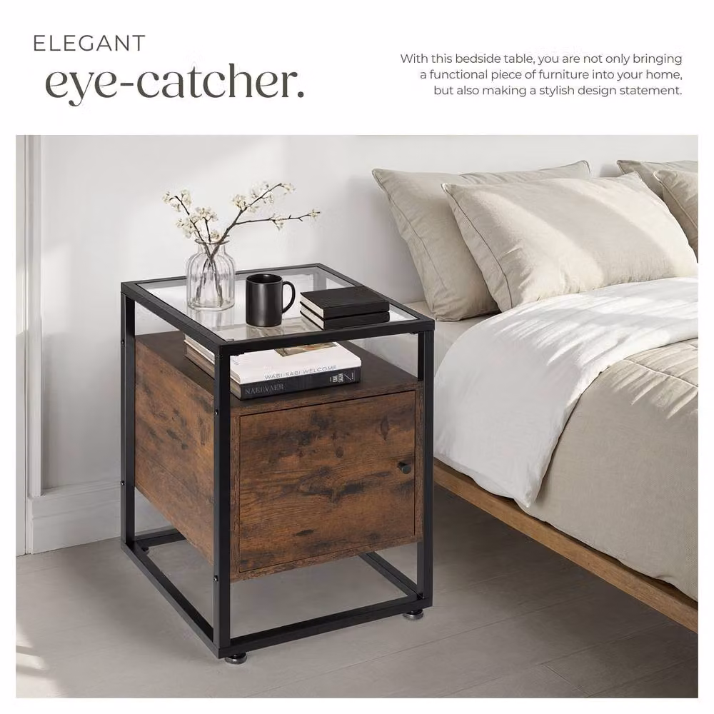 tectake Dudley Nightstand with 3 Shelves and Magnetic Door in Brown – 5
