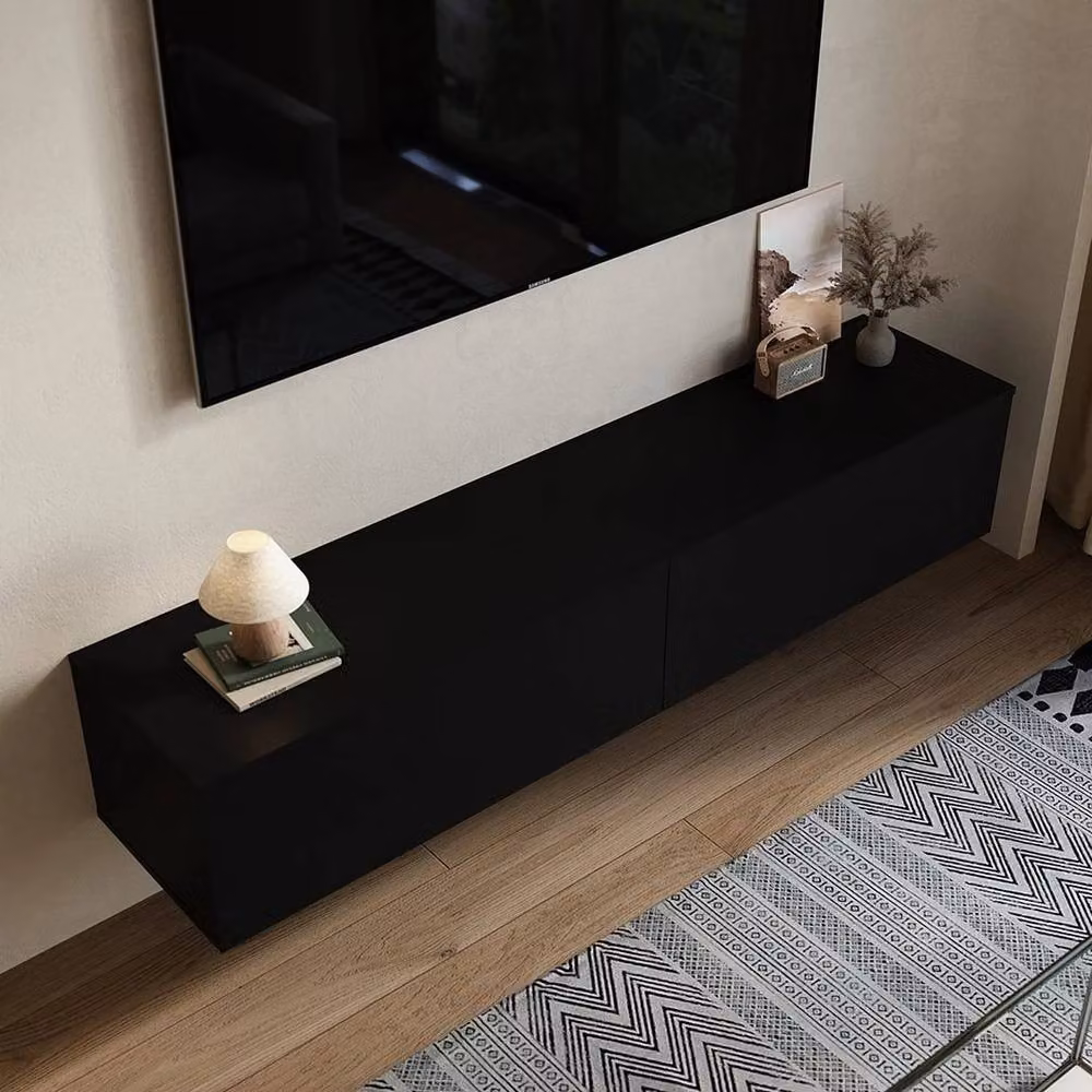 KORVIXA Matte Black Minimalist Wall Mounted 2 Door Floating TV Stand W/D/H: 160 x 100 x 100 cm – 5