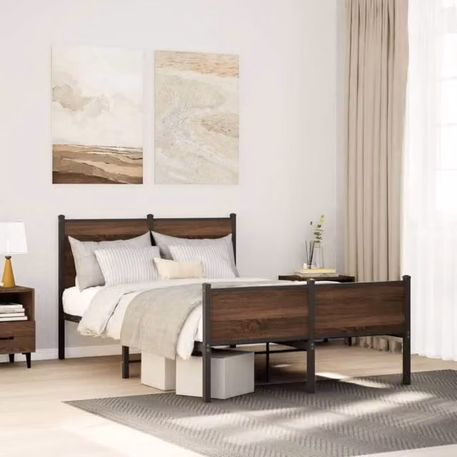 Berkfield Home Metal Bed Frame in Brown Oak, W/D/H: 120 x 190 cm, Small Double